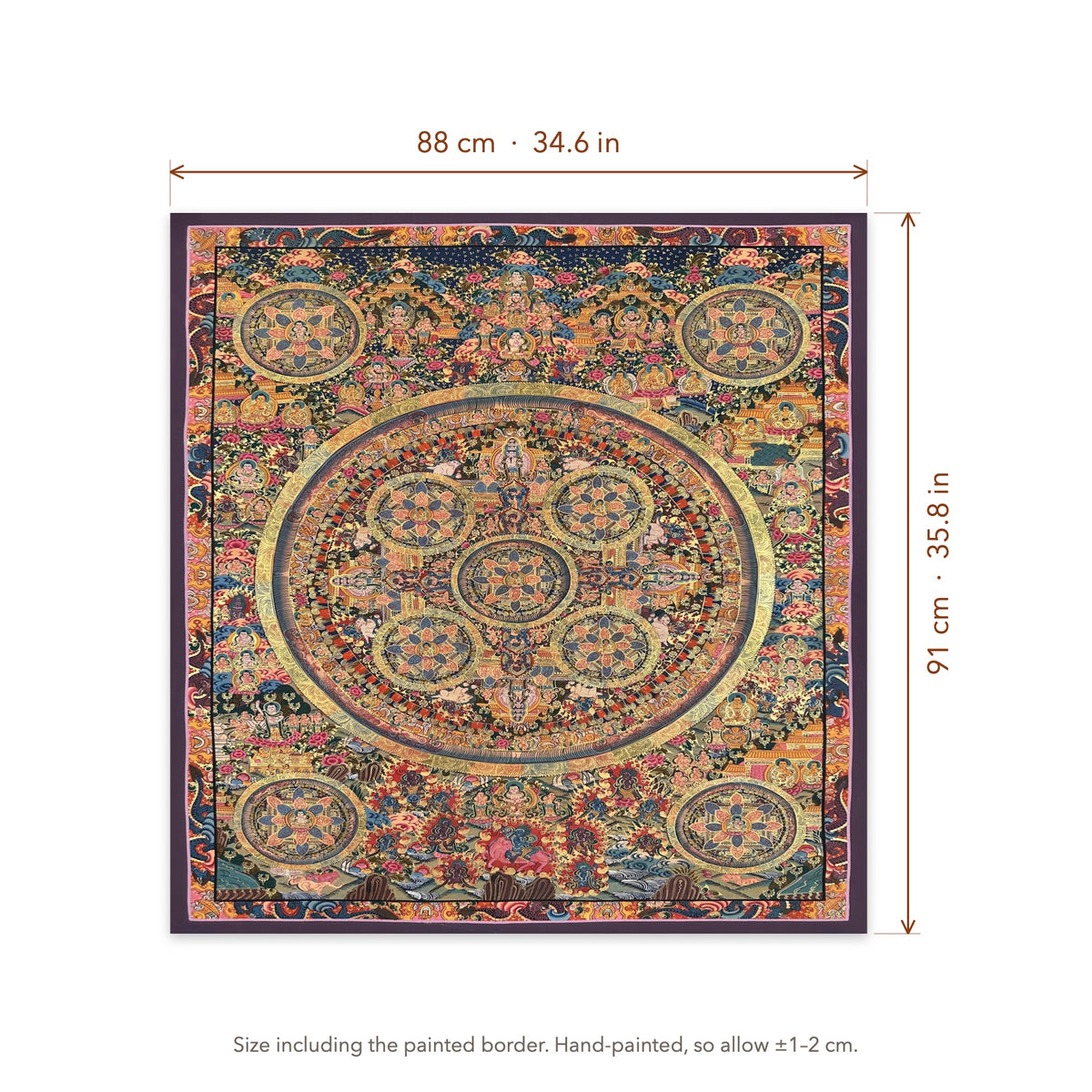 Size diagram: 88 × 91 cm (34.6 × 35.8 in), including the painted border