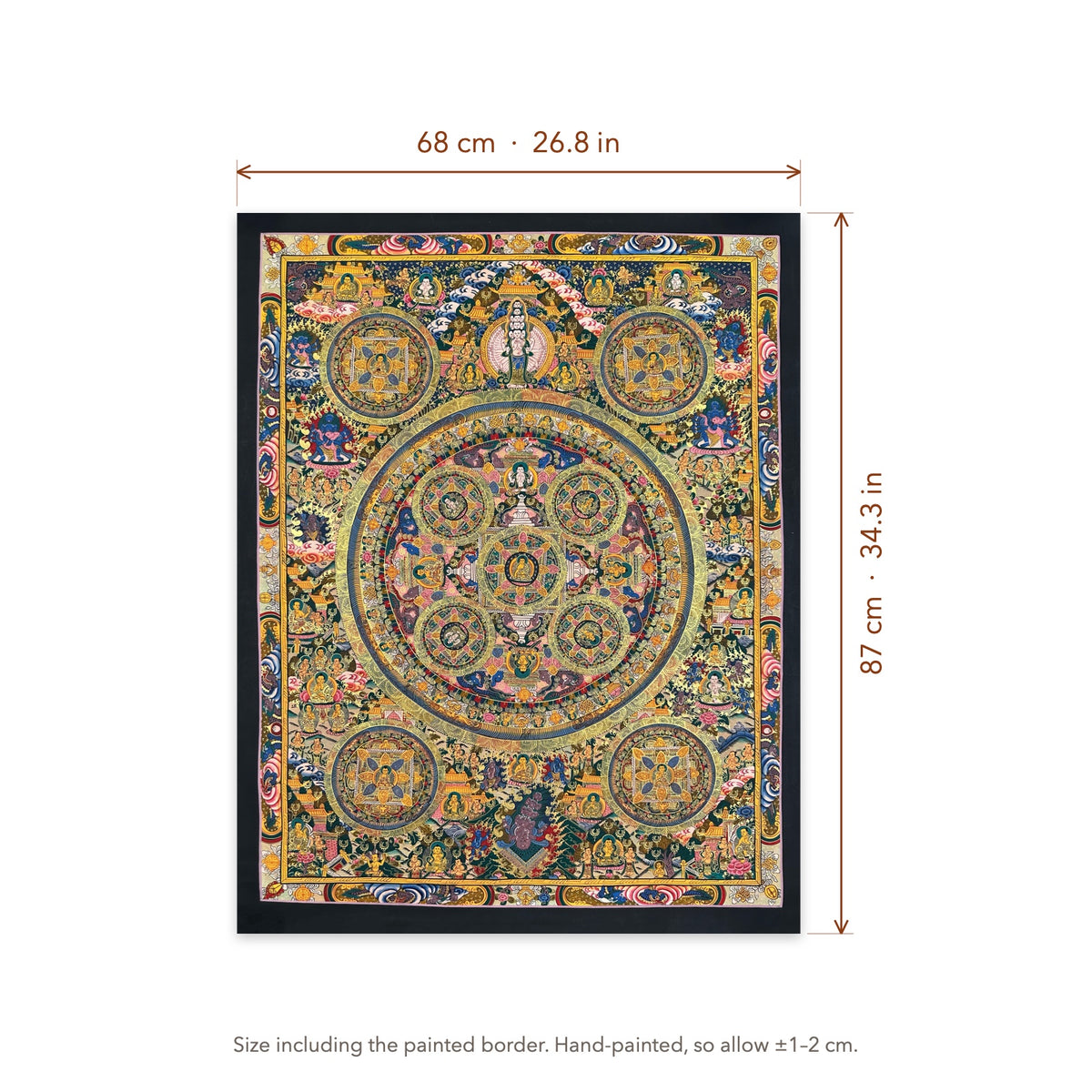 Size diagram: 68 × 87 cm (26.8 × 34.3 in), including the painted border