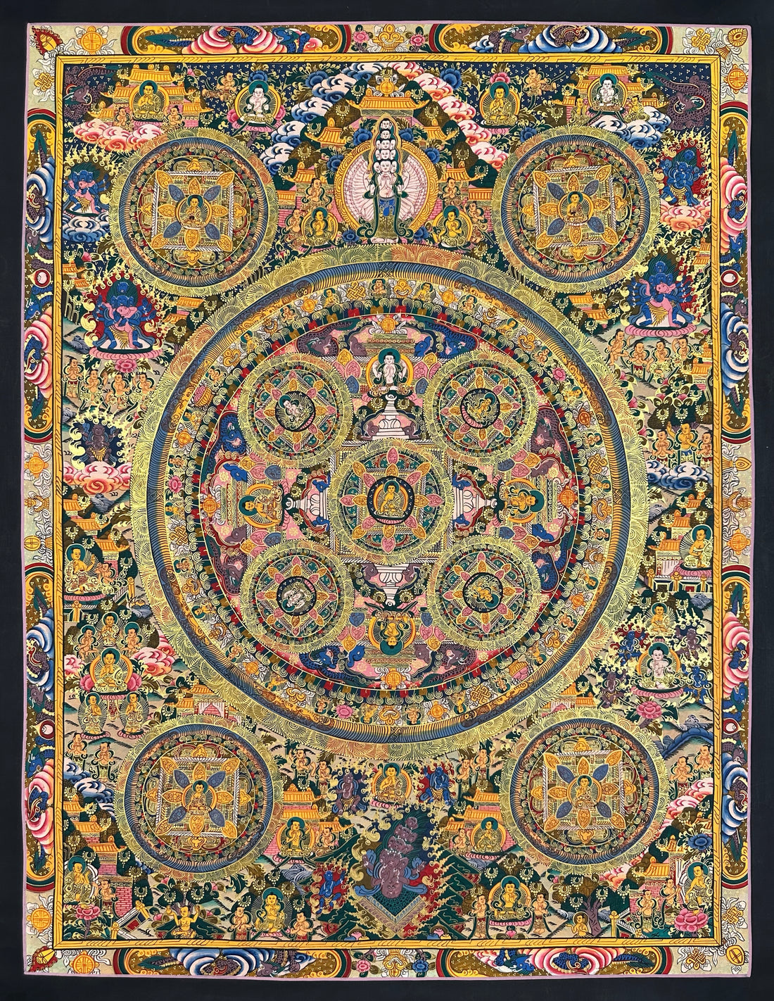 Buddha Mandala thangka, 68×87 cm: five Buddha mandalas inside a great circle, with thousand-armed Chenrezig above and four corner mandalas