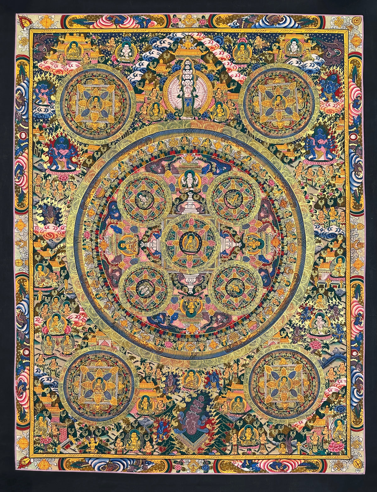 Buddha Mandala thangka, 68×87 cm: five Buddha mandalas inside a great circle, with thousand-armed Chenrezig above and four corner mandalas