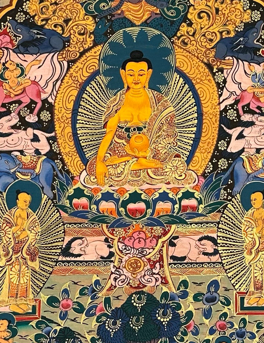 Buddha Life Story thangka, 69×88 cm: Shakyamuni at the centre surrounded by densely painted scenes of his life