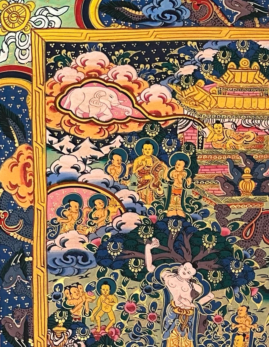 Buddha Life Story thangka, detail: top-left corner