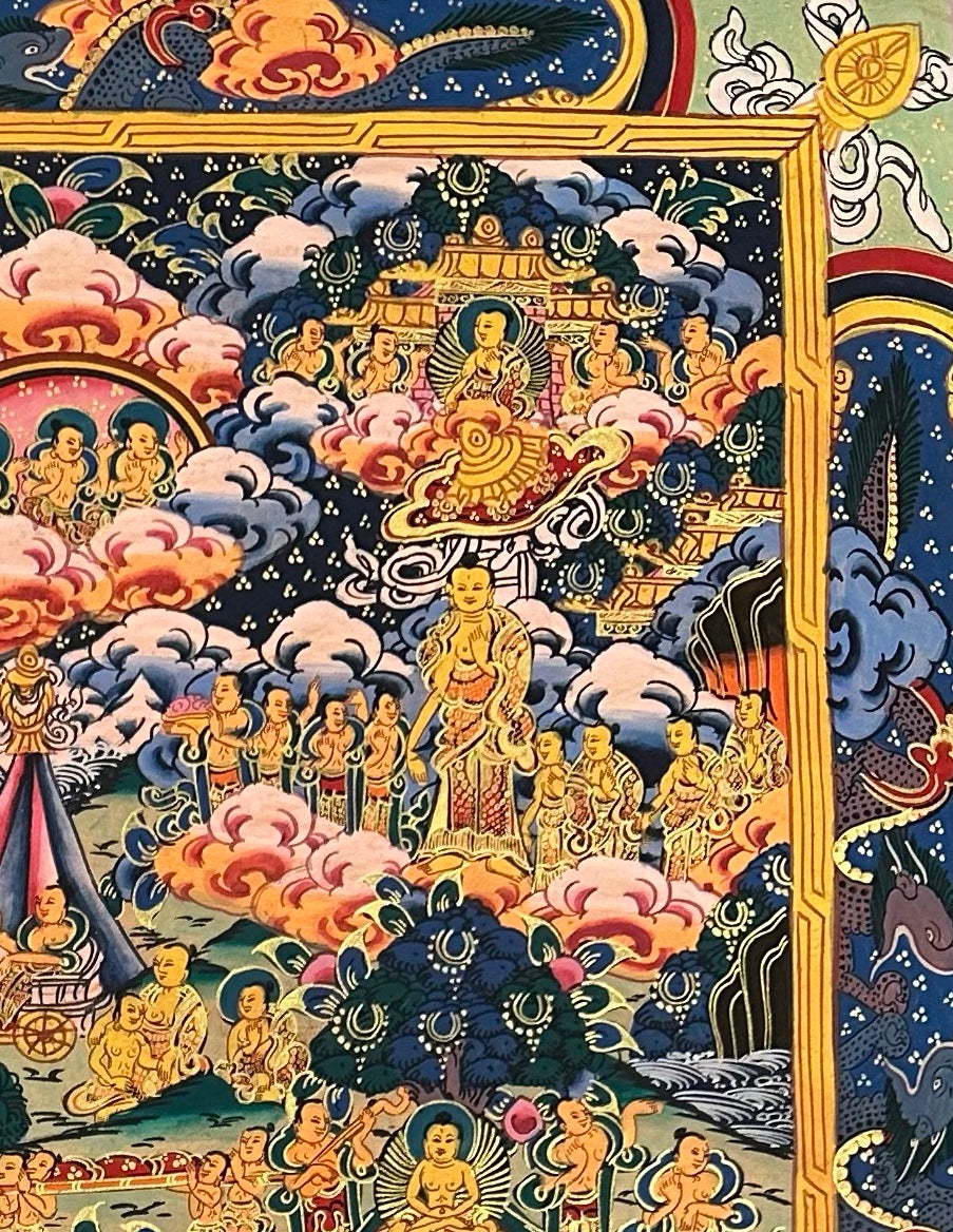 Buddha Life Story thangka, detail: top-right corner