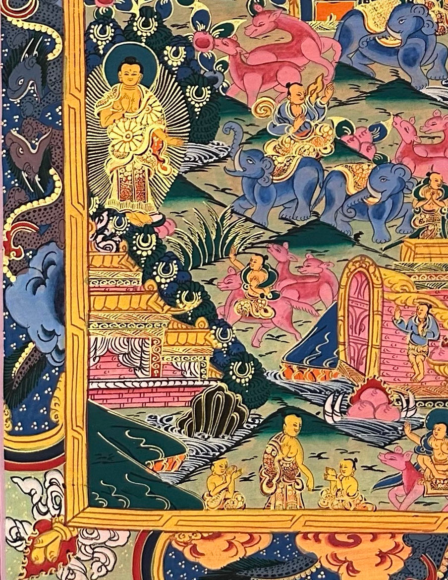 Buddha Life Story thangka, detail: bottom-left corner