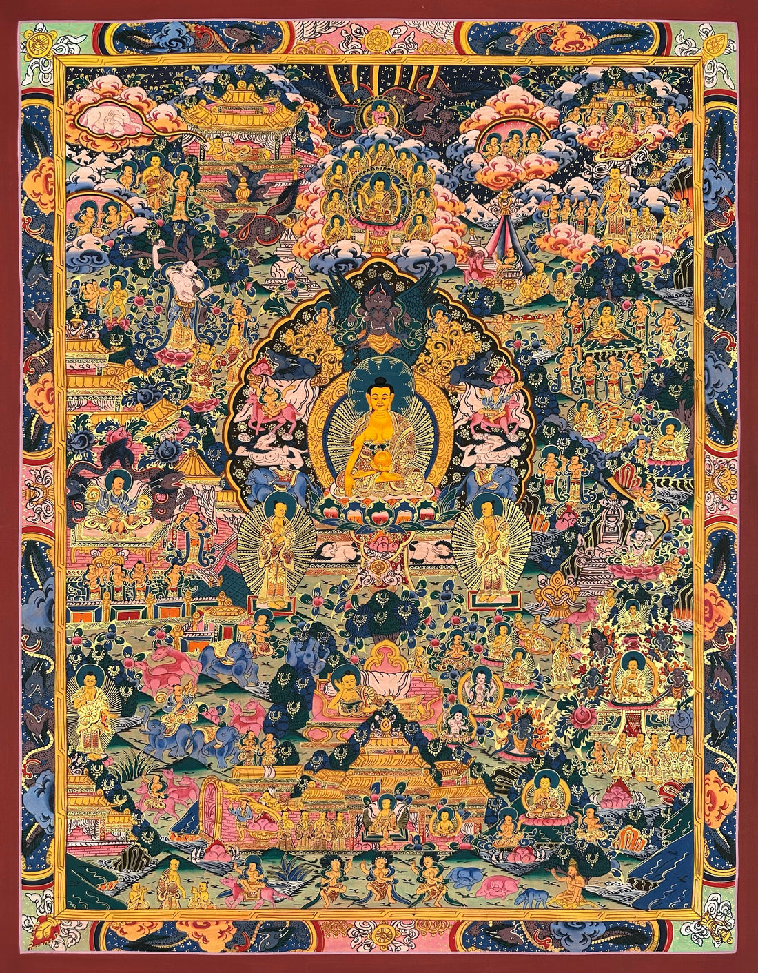 Buddha Life Story thangka, 69×88 cm: Shakyamuni at the centre surrounded by densely painted scenes of his life