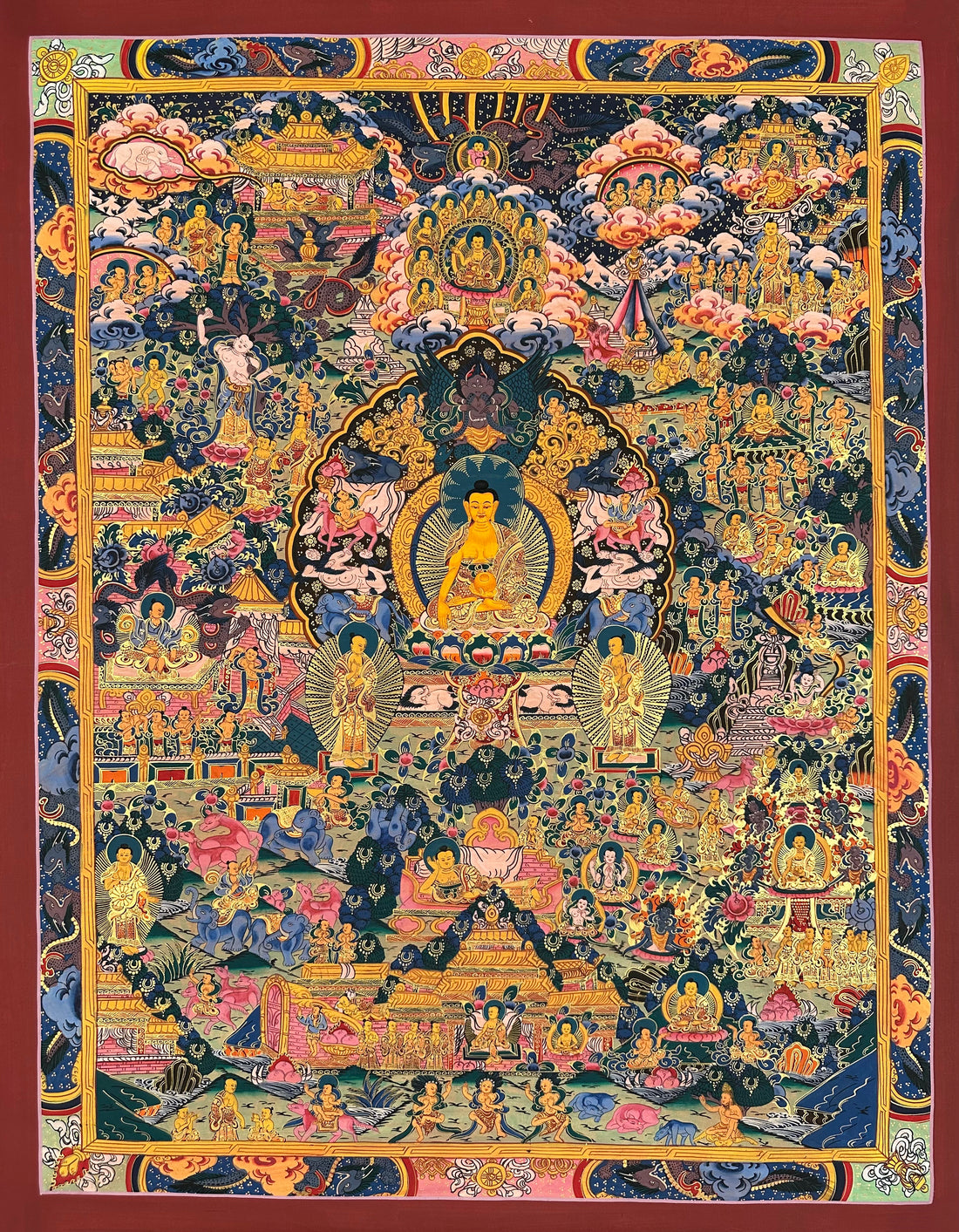 Buddha Life Story thangka, 69×88 cm: Shakyamuni at the centre surrounded by densely painted scenes of his life