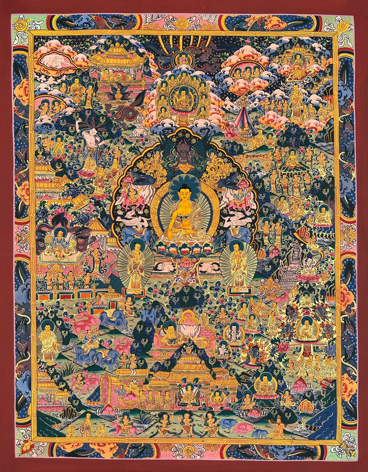 Buddha Life Story thangka, 69×88 cm: Shakyamuni at the centre surrounded by densely painted scenes of his life