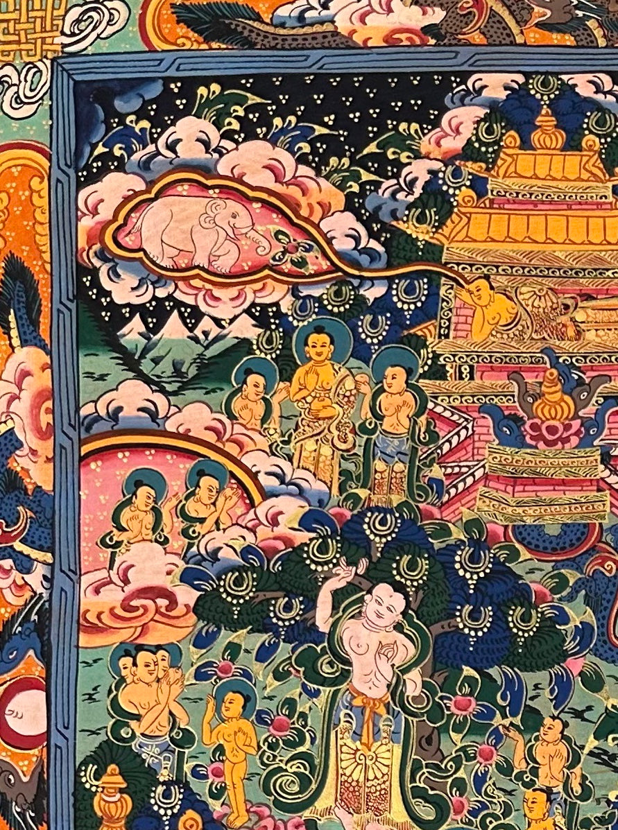 Buddha Life Story thangka, detail: top-left corner