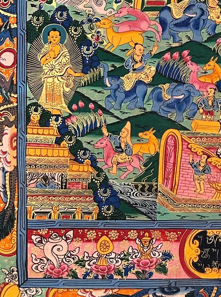 Buddha Life Story thangka, detail: bottom-left corner