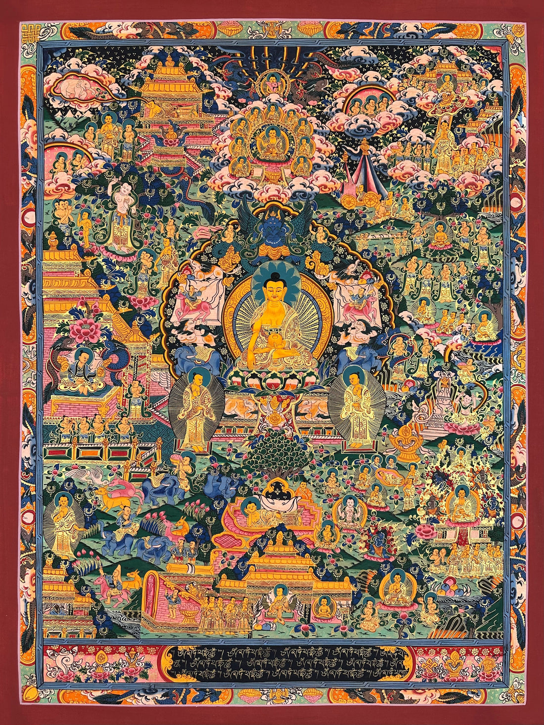 Buddha Life Story thangka, 67×88 cm: Shakyamuni at the centre surrounded by scenes of his life, with a band of Tibetan script