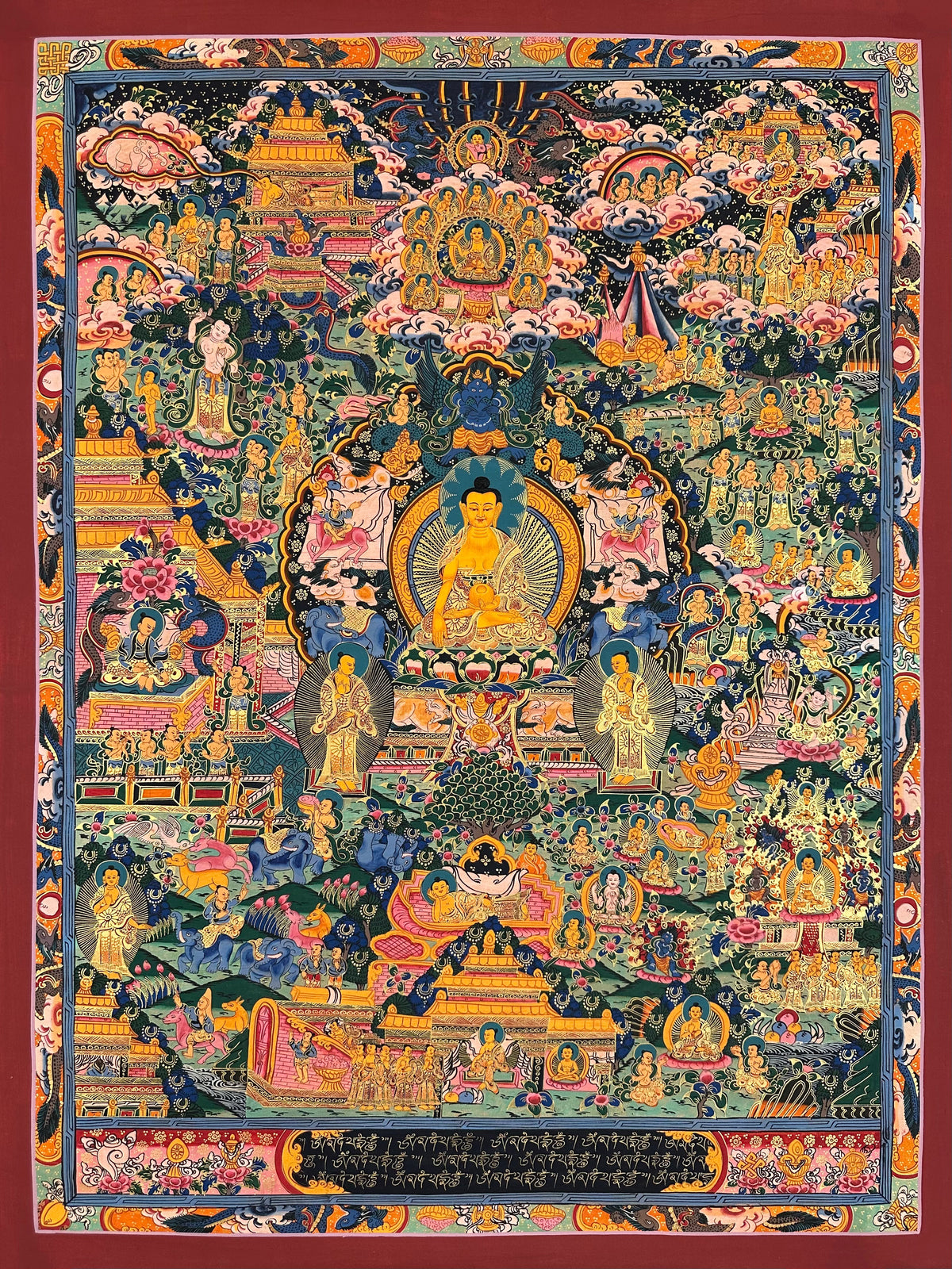 Buddha Life Story thangka, 67×88 cm: Shakyamuni at the centre surrounded by scenes of his life, with a band of Tibetan script