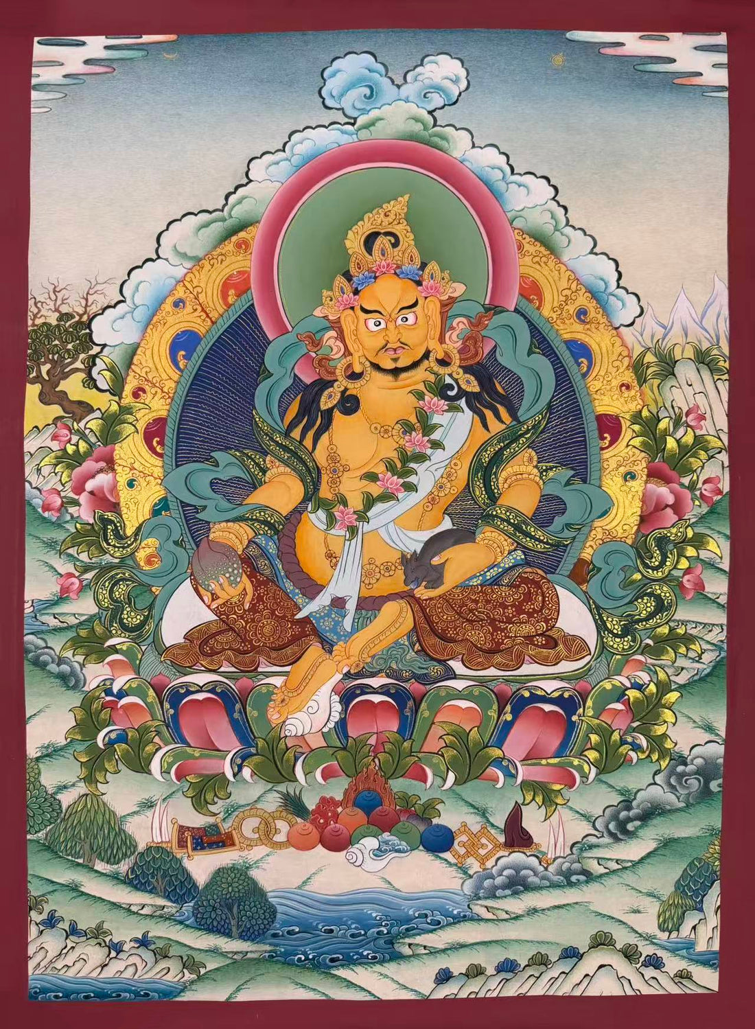 Jambhala thangka, 62×92 cm: Yellow Jambhala with a jewel-spitting mongoose among peonies, above a river