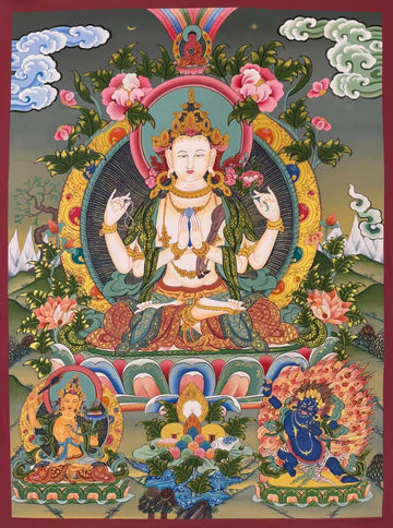 Chenrezig thangka, 62×83 cm: four-armed Chenrezig among peonies, with Amitabha above and Manjushri and Vajrapani below
