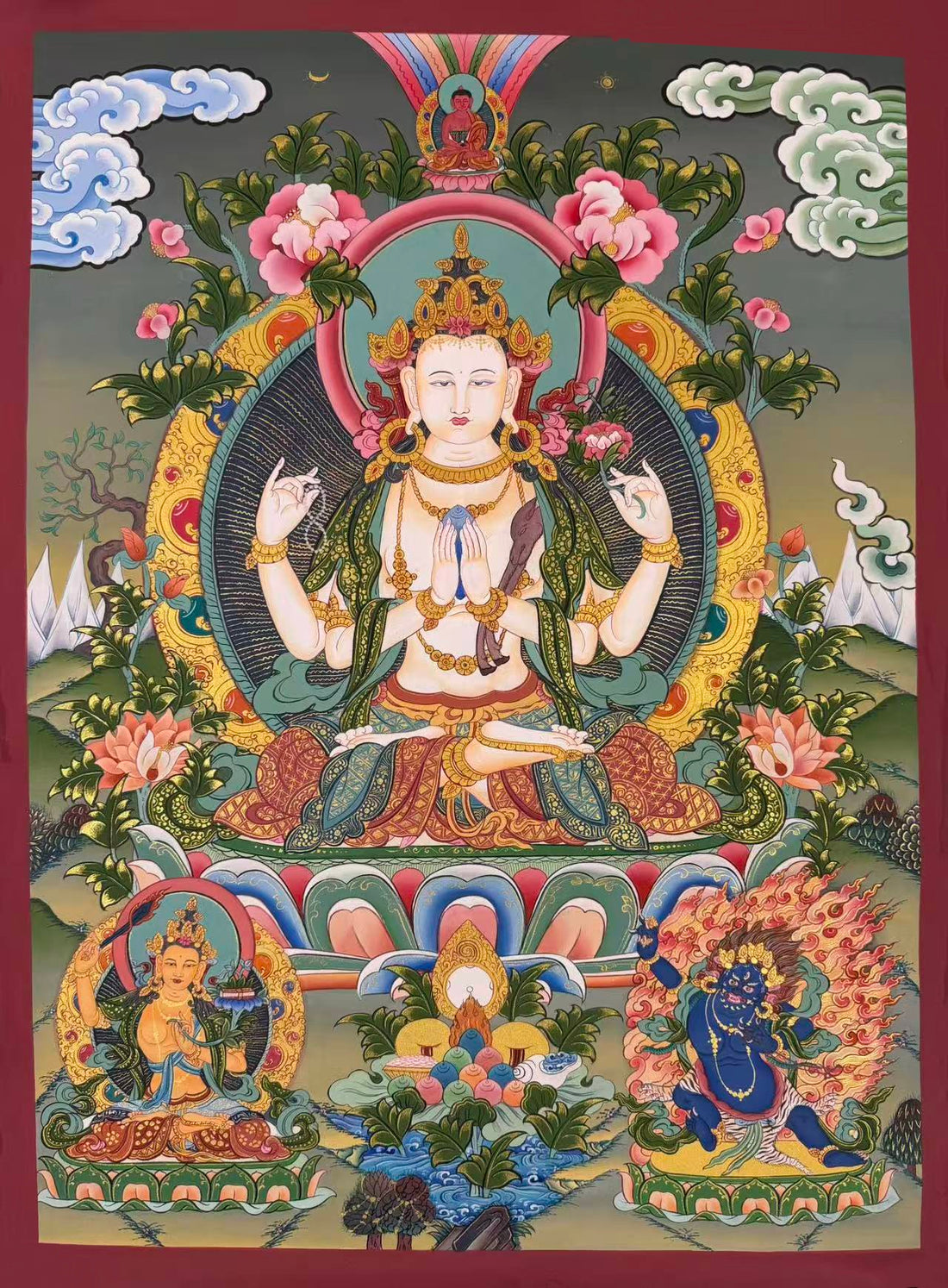Chenrezig thangka, 62×83 cm: four-armed Chenrezig among peonies, with Amitabha above and Manjushri and Vajrapani below