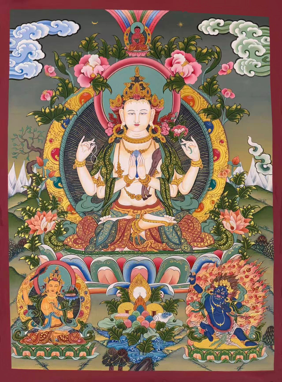 Chenrezig thangka, 62×83 cm: four-armed Chenrezig among peonies, with Amitabha above and Manjushri and Vajrapani below