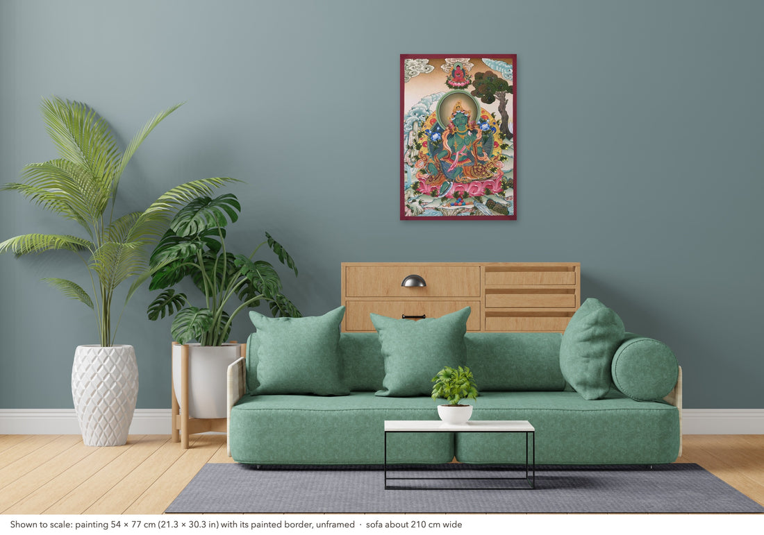 Green Tara thangka, 54×77 cm: Green Tara on a large pink lotus with Amitabha above, under a spreading tree