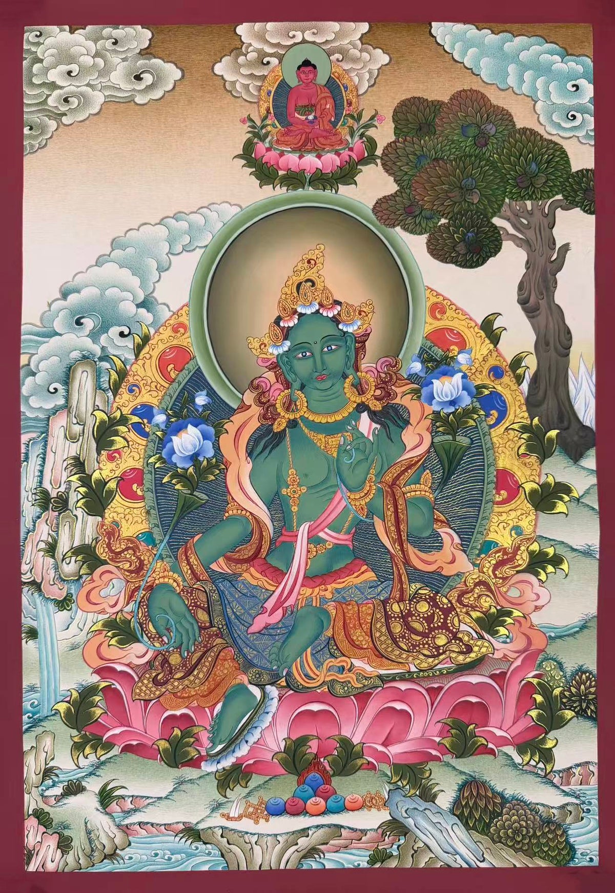 Green Tara thangka, 54×77 cm: Green Tara on a large pink lotus with Amitabha above, under a spreading tree