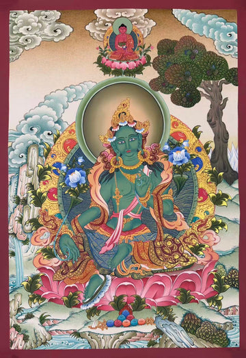 Green Tara thangka, 54×77 cm: Green Tara on a large pink lotus with Amitabha above, under a spreading tree