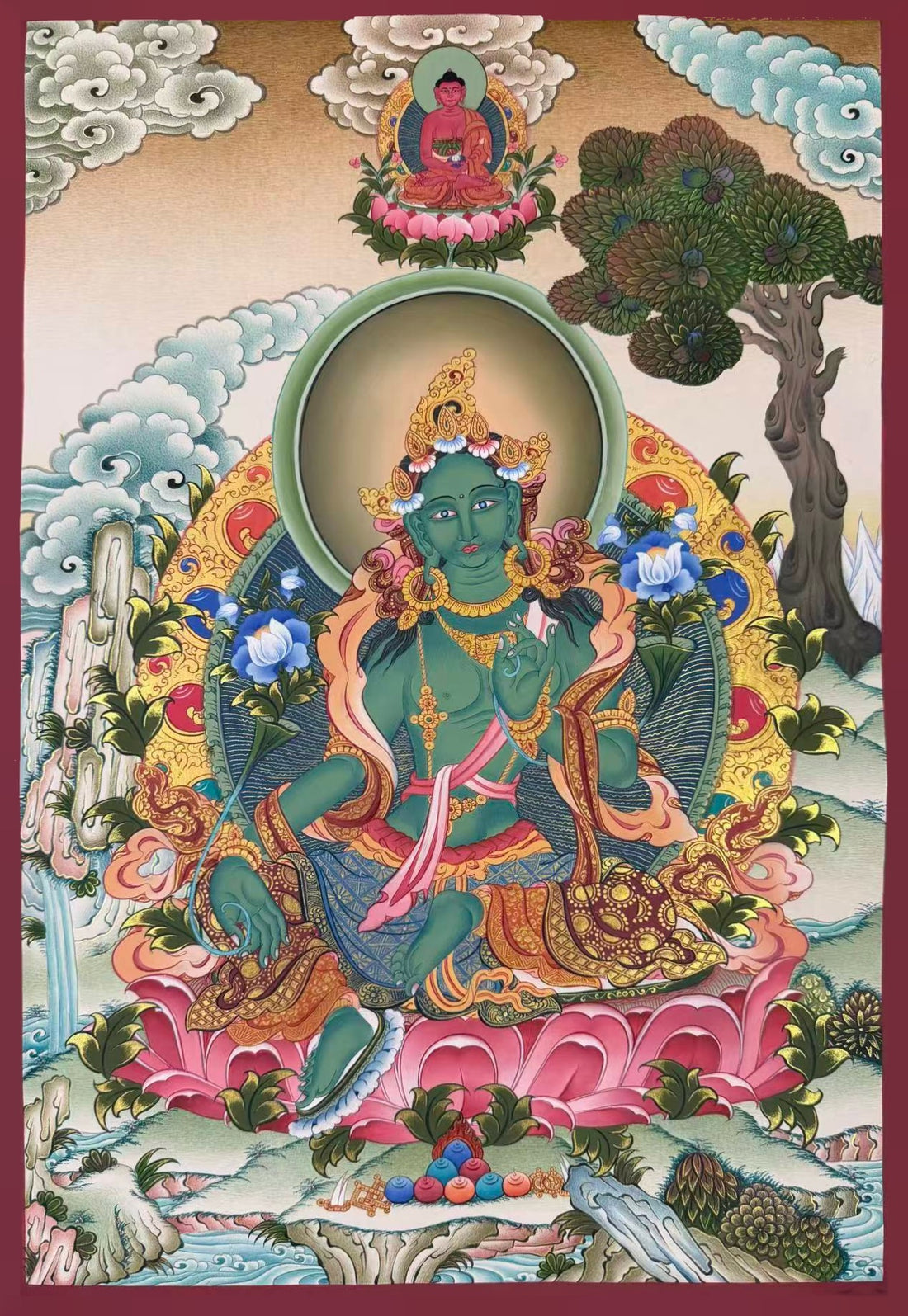 Green Tara thangka, 54×77 cm: Green Tara on a large pink lotus with Amitabha above, under a spreading tree