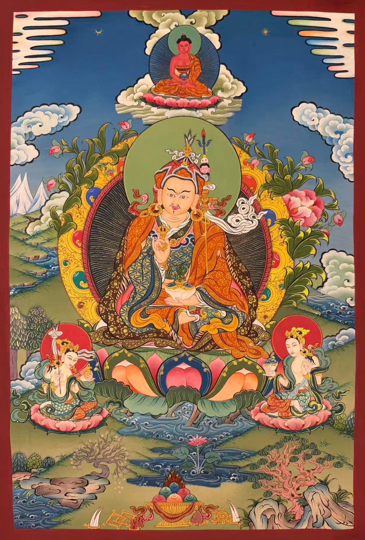 Padmasambhava thangka, 58×83 cm: Padmasambhava with Amitabha above and his two consorts below