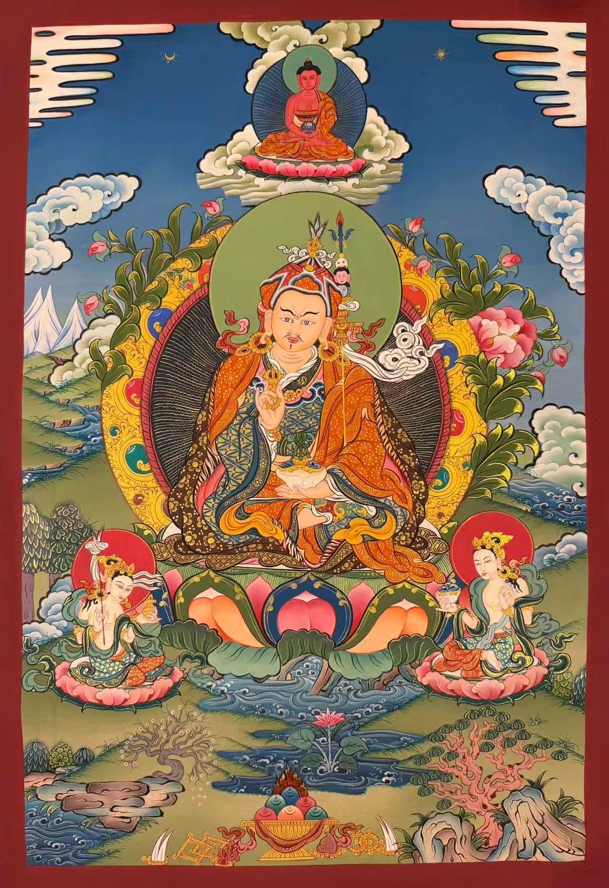 Padmasambhava thangka, 58×83 cm: Padmasambhava with Amitabha above and his two consorts below