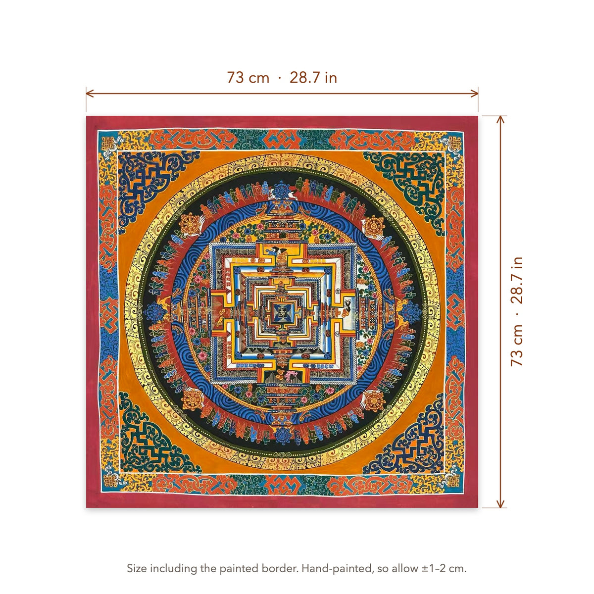 Size diagram: 73 × 73 cm (28.7 × 28.7 in), including the painted border