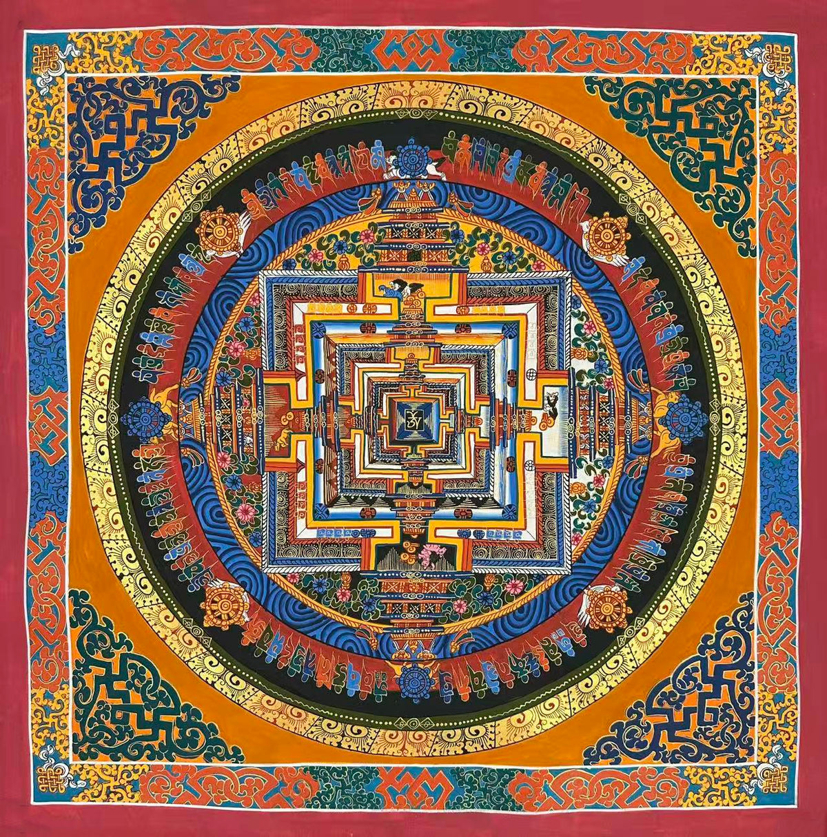 Kalachakra Mandala thangka, 73×73 cm: Kalachakra palace mandala on a saffron ground, with knot-pattern corners and a scrollwork border
