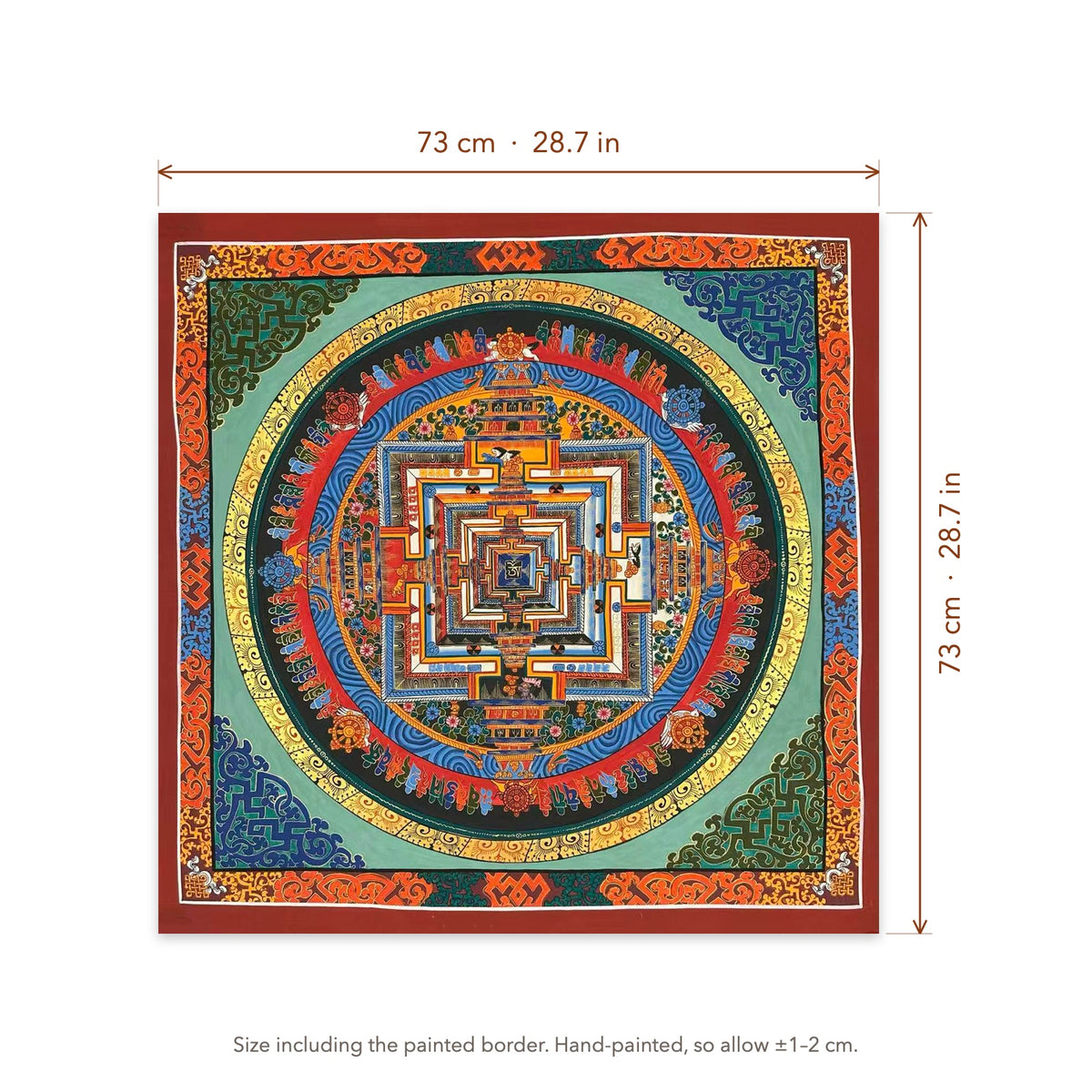 Size diagram: 73 × 73 cm (28.7 × 28.7 in), including the painted border