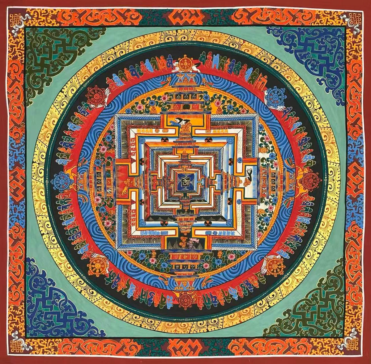 Kalachakra Mandala thangka, 73×73 cm: Kalachakra palace mandala on a pale jade ground, with knot-pattern corners and a scrollwork border
