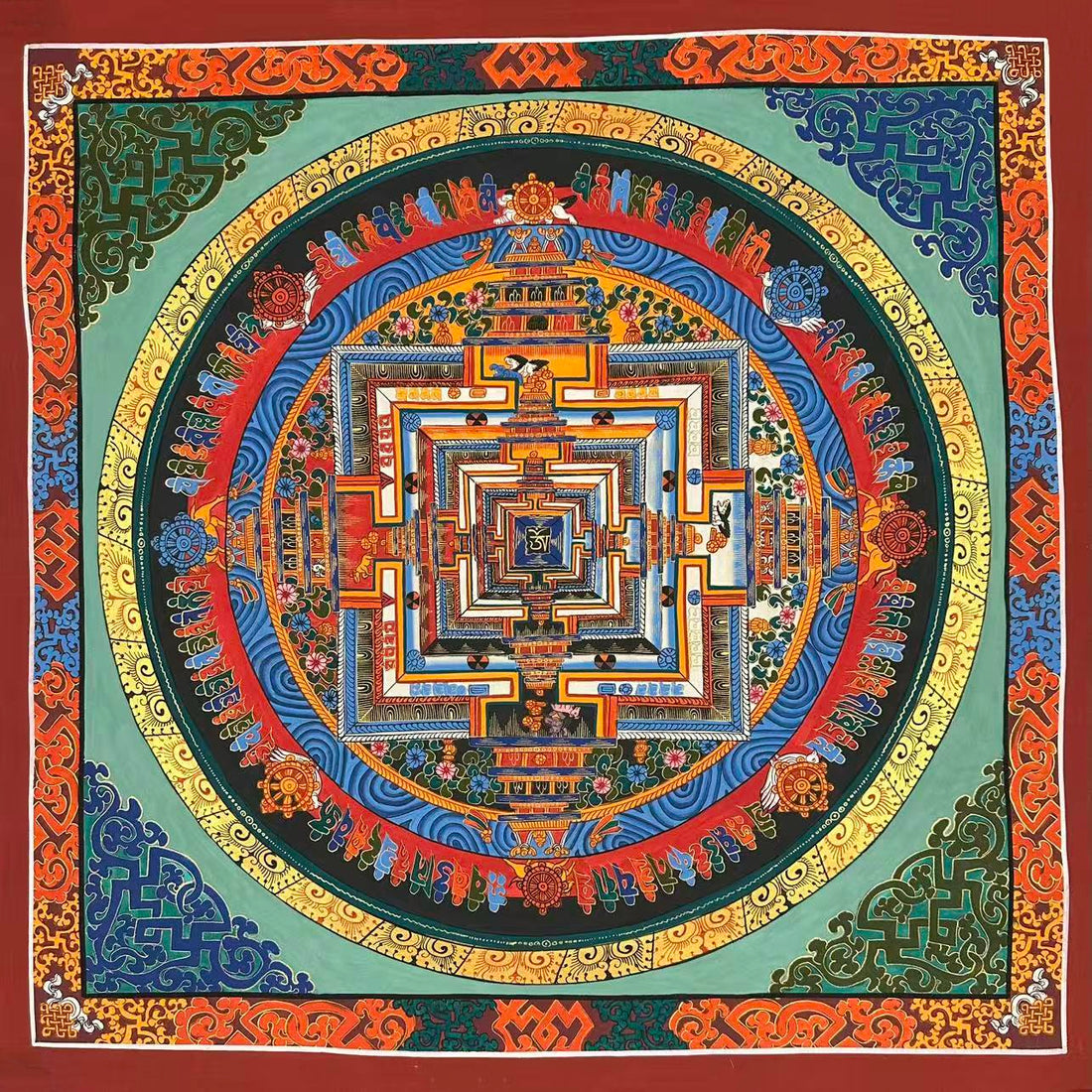 Kalachakra Mandala thangka, 73×73 cm: Kalachakra palace mandala on a pale jade ground, with knot-pattern corners and a scrollwork border