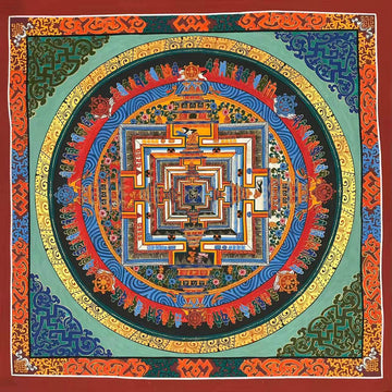 Kalachakra Mandala thangka, 73×73 cm: Kalachakra palace mandala on a pale jade ground, with knot-pattern corners and a scrollwork border