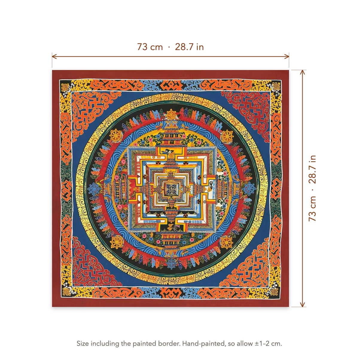 Size diagram: 73 × 73 cm (28.7 × 28.7 in), including the painted border