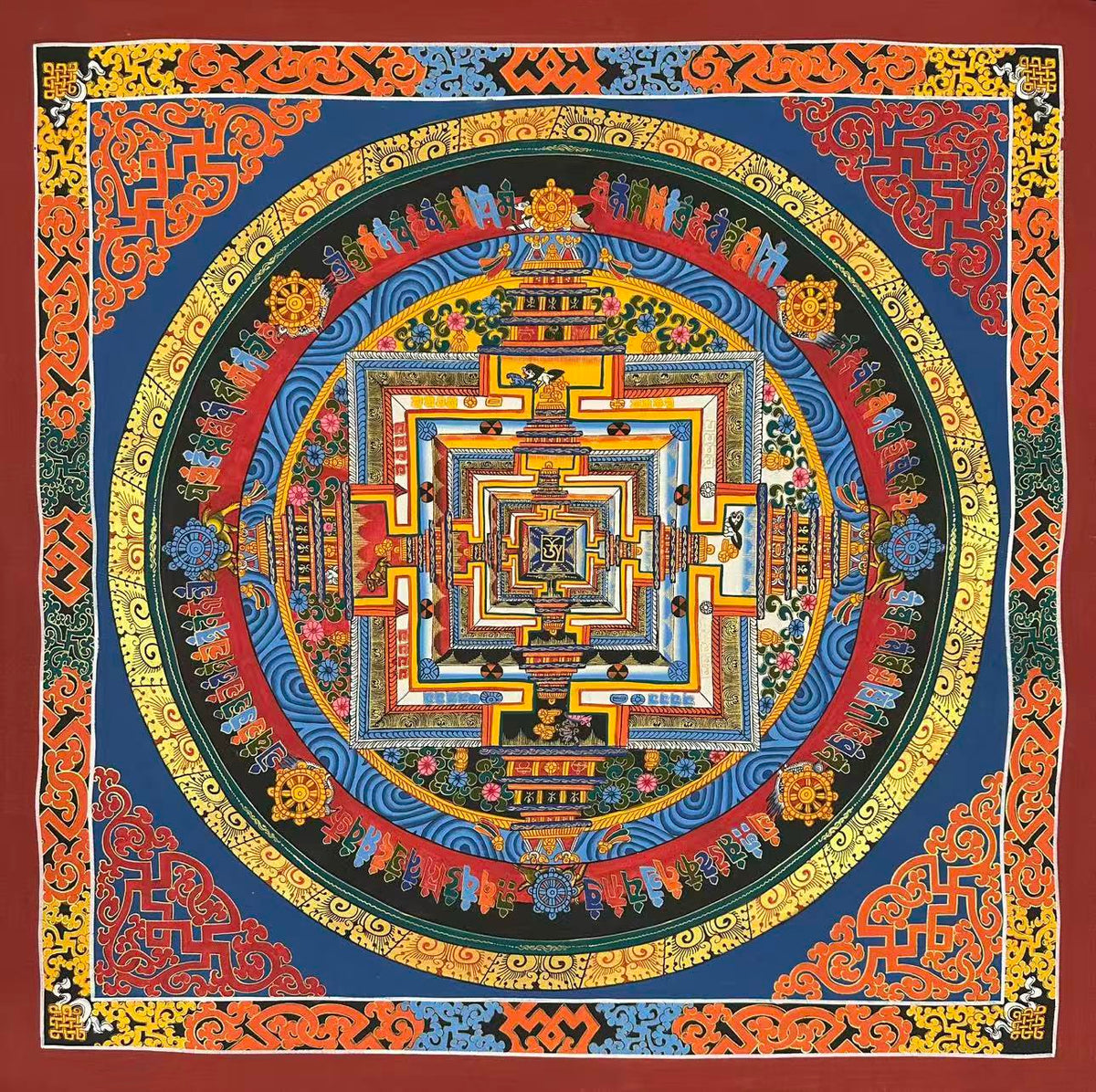 Kalachakra Mandala thangka, 73×73 cm: Kalachakra palace mandala on a deep blue ground, with knot-pattern corners and a scrollwork border