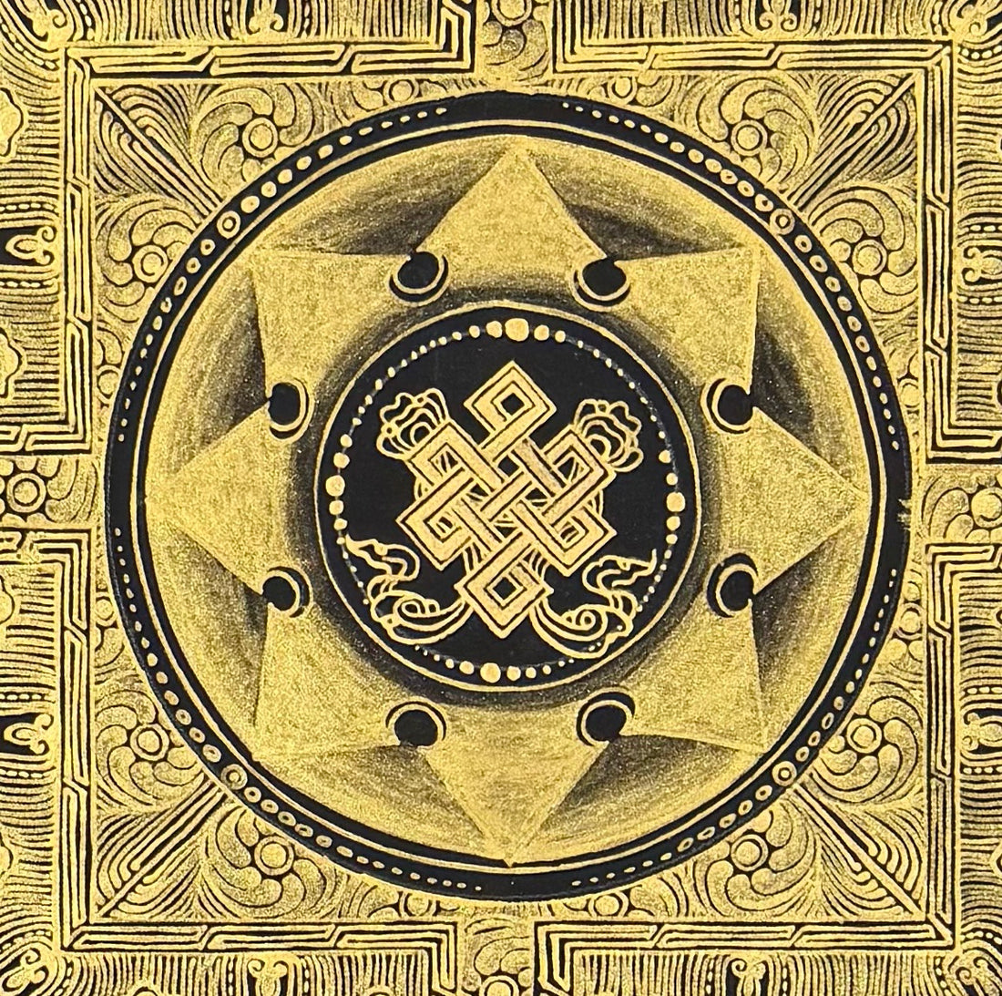 Endless Knot Mandala thangka, 55×55 cm: an endless knot at the centre of a palace mandala in fine gold-coloured line work on black