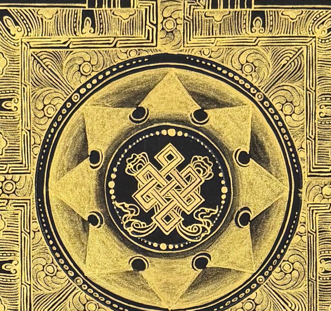 Endless Knot Mandala thangka, 55×55 cm: an endless knot at the centre of a palace mandala in fine gold-coloured line work on black
