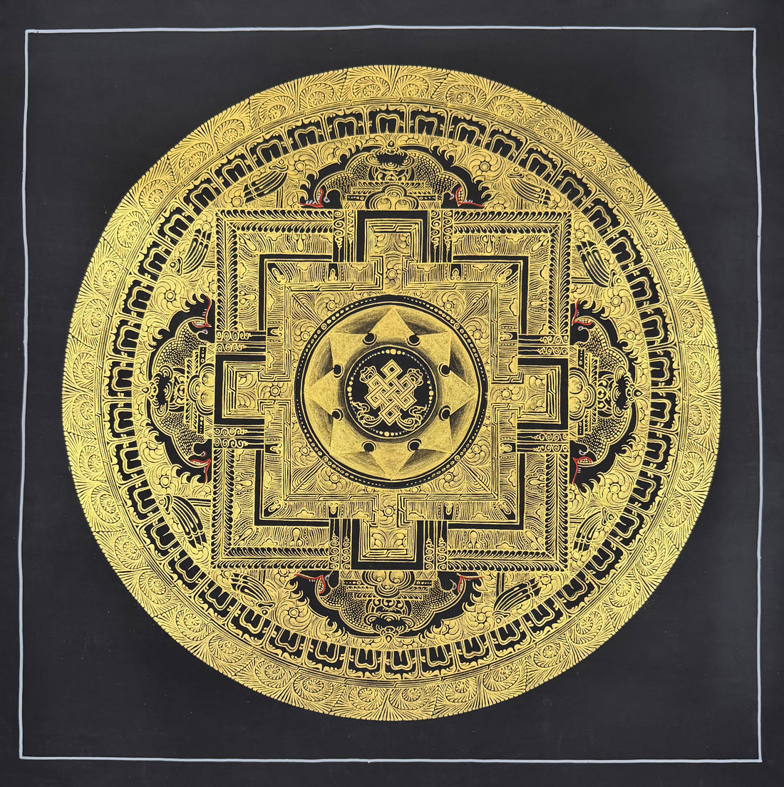 Endless Knot Mandala thangka, 55×55 cm: an endless knot at the centre of a palace mandala in fine gold-coloured line work on black