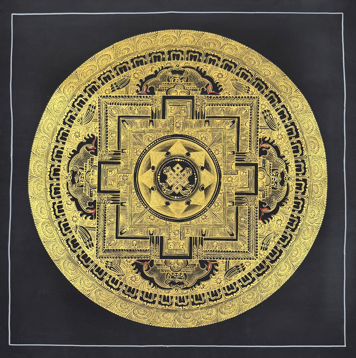 Endless Knot Mandala thangka, 55×55 cm: an endless knot at the centre of a palace mandala in fine gold-coloured line work on black