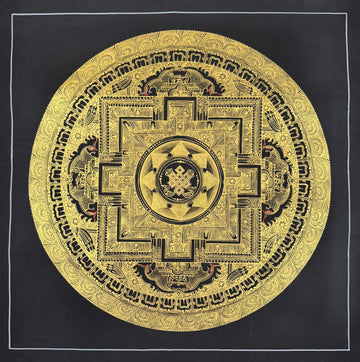 Endless Knot Mandala thangka, 55×55 cm: an endless knot at the centre of a palace mandala in fine gold-coloured line work on black