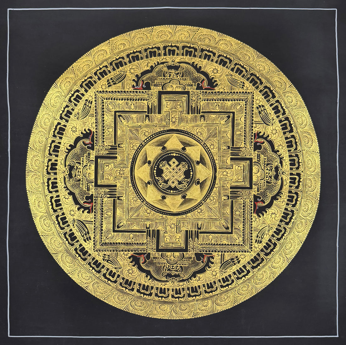 Endless Knot Mandala thangka, 55×55 cm: an endless knot at the centre of a palace mandala in fine gold-coloured line work on black