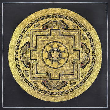 Endless Knot Mandala thangka, 55×55 cm: an endless knot at the centre of a palace mandala in fine gold-coloured line work on black