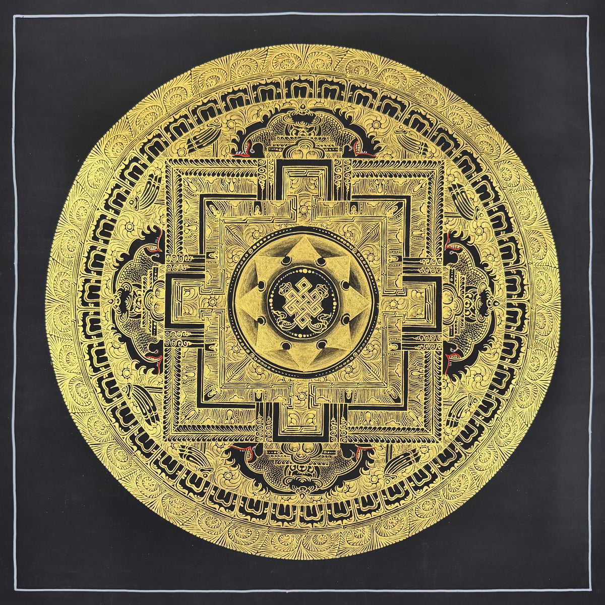 Endless Knot Mandala thangka, 55×55 cm: an endless knot at the centre of a palace mandala in fine gold-coloured line work on black