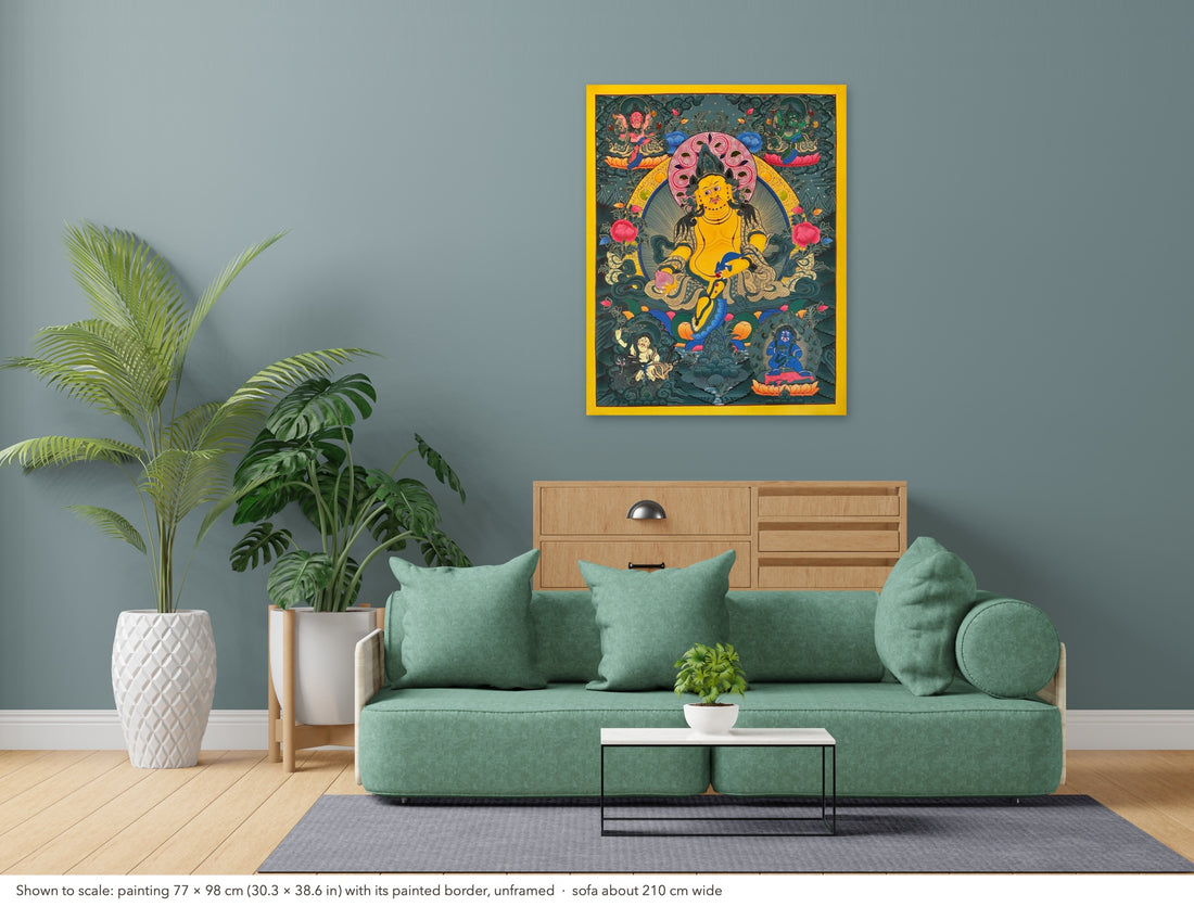 Jambhala thangka, 77×98 cm: Yellow Jambhala on dark green-grey, surrounded by the Red, Green, White and Black Jambhalas