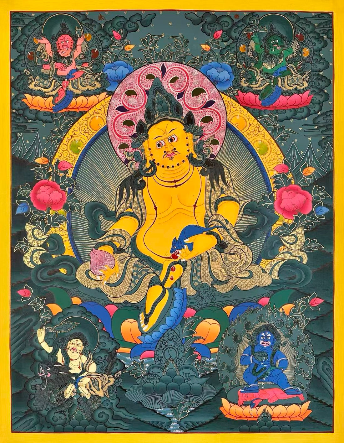 Jambhala thangka, 77×98 cm: Yellow Jambhala on dark green-grey, surrounded by the Red, Green, White and Black Jambhalas