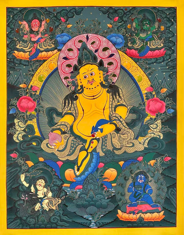 Jambhala thangka, 77×98 cm: Yellow Jambhala on dark green-grey, surrounded by the Red, Green, White and Black Jambhalas