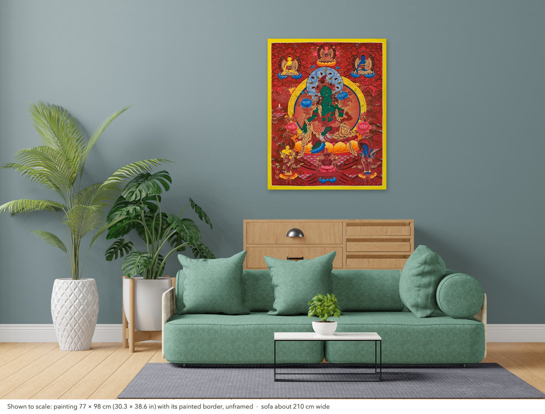 Green Tara thangka, 77×98 cm: Green Tara on a deep red ground, with three Buddhas above and two standing bodhisattvas below
