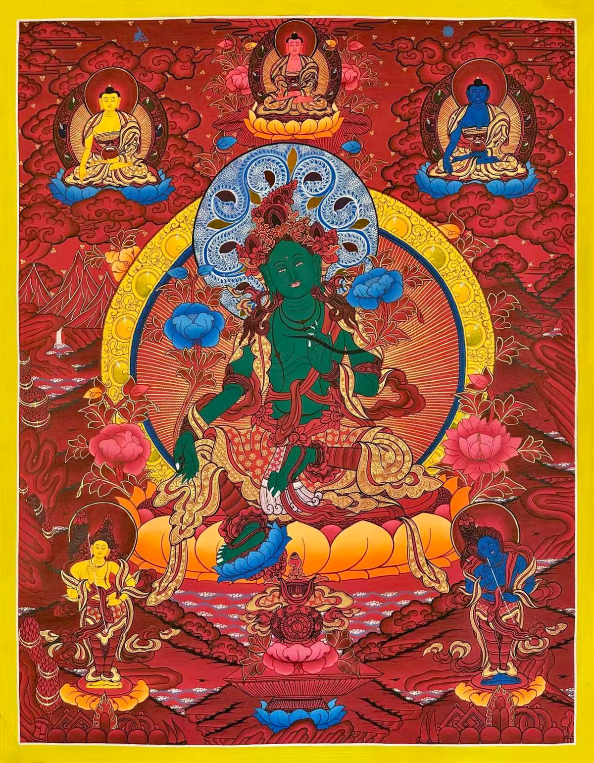 Green Tara thangka, 77×98 cm: Green Tara on a deep red ground, with three Buddhas above and two standing bodhisattvas below