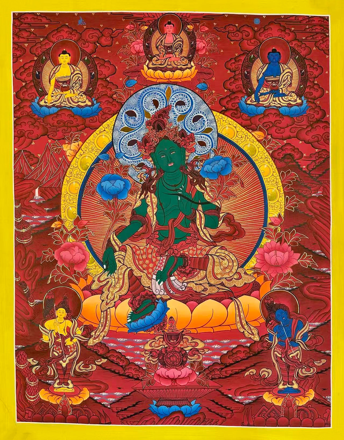 Green Tara thangka, 77×98 cm: Green Tara on a deep red ground, with three Buddhas above and two standing bodhisattvas below