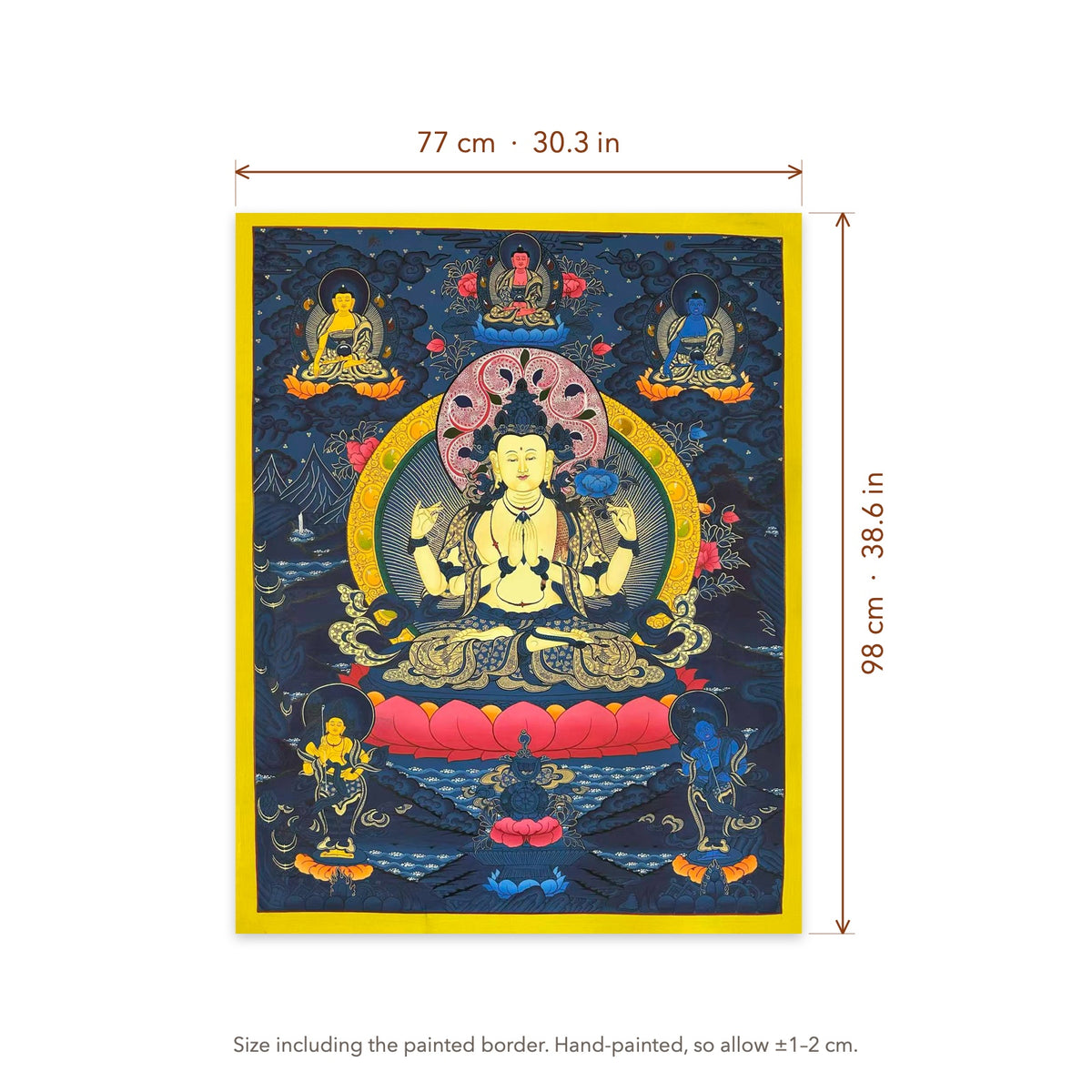 Size diagram: 77 × 98 cm (30.3 × 38.6 in), including the painted border