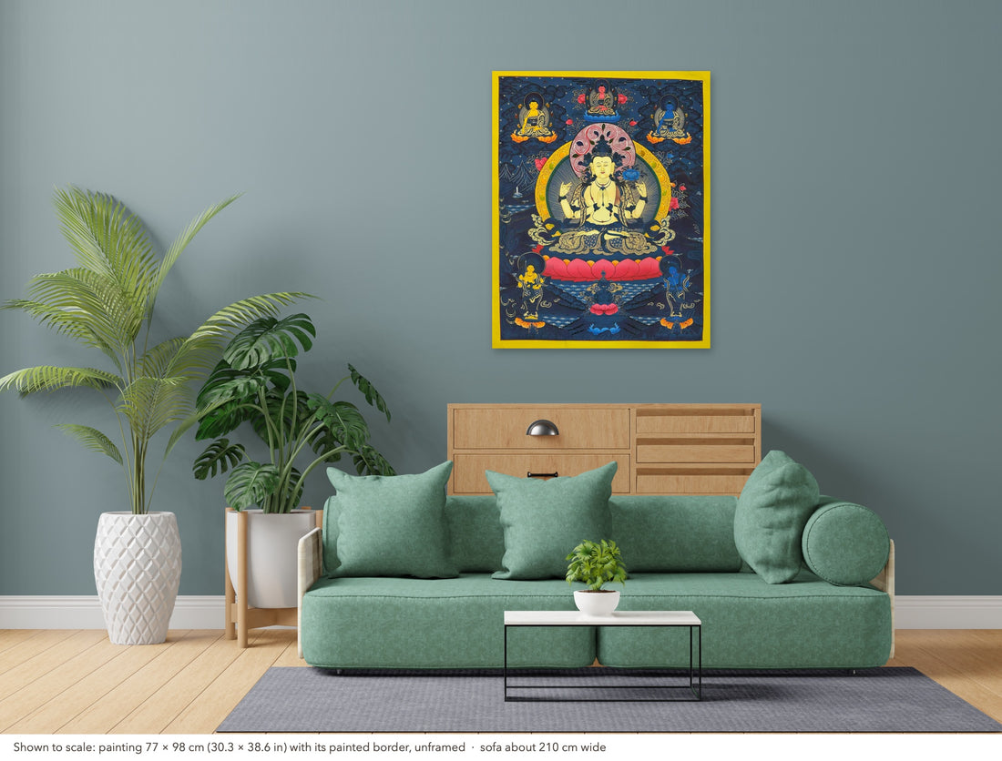 Chenrezig thangka, 77×98 cm: four-armed Chenrezig on deep blue, with three Buddhas above and two standing bodhisattvas below