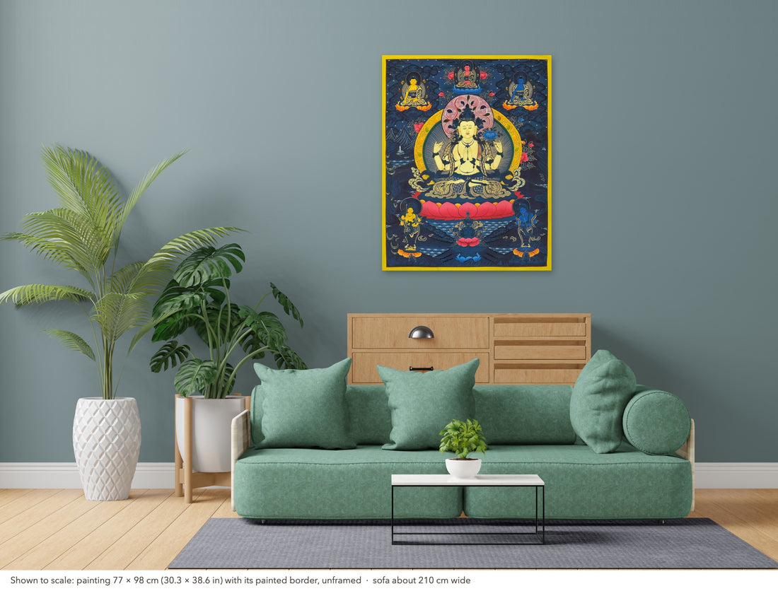 Chenrezig thangka, 77×98 cm: four-armed Chenrezig on deep blue, with three Buddhas above and two standing bodhisattvas below